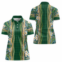 Hawaiian Art Flower Tribal with Lei Women Polo Shirt Palaka Pattern Green Color - Polynesian Pride