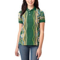 Hawaiian Art Flower Tribal with Lei Women Polo Shirt Palaka Pattern Green Color - Polynesian Pride