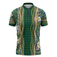 Hawaiian Art Flower Tribal with Lei Zipper Polo Shirt Palaka Pattern Green Color - Polynesian Pride