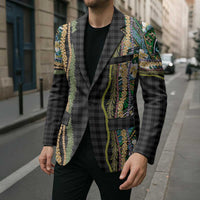 Hawaiian Art Flower Tribal with Lei Blazer Palaka Pattern Black Color - Polynesian Pride