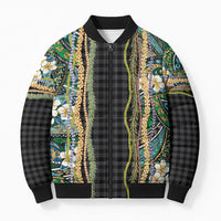 Hawaiian Art Flower Tribal with Lei Bomber Puffer Jacket Palaka Pattern Black Color LT03 Unisex Black - Polynesian Pride