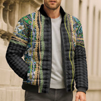 Hawaiian Art Flower Tribal with Lei Bomber Puffer Jacket Palaka Pattern Black Color LT03 - Polynesian Pride