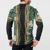 Hawaiian Art Flower Tribal with Lei Button Sweatshirt Palaka Pattern Black Color LT03 - Polynesian Pride