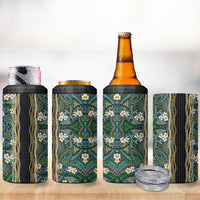 Hawaiian Art Flower Tribal with Lei 4 in 1 Can Cooler Tumbler Palaka Pattern Black Color - Polynesian Pride
