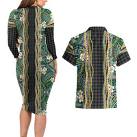 Hawaiian Art Flower Tribal with Lei Couples Matching Long Sleeve Bodycon Dress and Hawaiian Shirt Palaka Pattern Black Color - Polynesian Pride