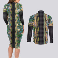 Hawaiian Art Flower Tribal with Lei Couples Matching Long Sleeve Bodycon Dress and Long Sleeve Button Shirt Palaka Pattern Black Color - Polynesian Pride