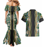 Hawaiian Art Flower Tribal with Lei Couples Matching Mermaid Dress and Hawaiian Shirt Palaka Pattern Black Color - Polynesian Pride
