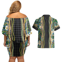 Hawaiian Art Flower Tribal with Lei Couples Matching Off Shoulder Short Dress and Hawaiian Shirt Palaka Pattern Black Color - Polynesian Pride