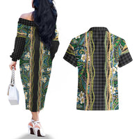 Hawaiian Art Flower Tribal with Lei Couples Matching Off The Shoulder Long Sleeve Dress and Hawaiian Shirt Palaka Pattern Black Color - Polynesian Pride