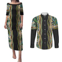 Hawaiian Art Flower Tribal with Lei Couples Matching Puletasi and Long Sleeve Button Shirt Palaka Pattern Black Color LT03 Black - Polynesian Pride