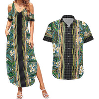 Hawaiian Art Flower Tribal with Lei Couples Matching Summer Maxi Dress and Hawaiian Shirt Palaka Pattern Black Color - Polynesian Pride