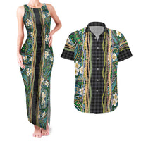Hawaiian Art Flower Tribal with Lei Couples Matching Tank Maxi Dress and Hawaiian Shirt Palaka Pattern Black Color - Polynesian Pride
