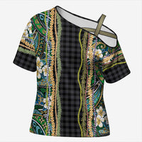 Hawaiian Art Flower Tribal with Lei Cross Shoulder Shirt Palaka Pattern Black Color LT03 Female Black - Polynesian Pride