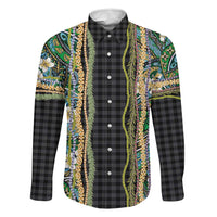 Hawaiian Art Flower Tribal with Lei Family Matching Long Sleeve Bodycon Dress and Hawaiian Shirt Palaka Pattern Black Color - Polynesian Pride