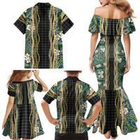 Hawaiian Art Flower Tribal with Lei Family Matching Mermaid Dress and Hawaiian Shirt Palaka Pattern Black Color - Polynesian Pride