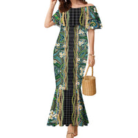 Hawaiian Art Flower Tribal with Lei Family Matching Mermaid Dress and Hawaiian Shirt Palaka Pattern Black Color - Polynesian Pride