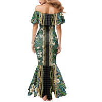 Hawaiian Art Flower Tribal with Lei Family Matching Mermaid Dress and Hawaiian Shirt Palaka Pattern Black Color - Polynesian Pride