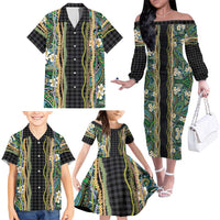 Hawaiian Art Flower Tribal with Lei Family Matching Off The Shoulder Long Sleeve Dress and Hawaiian Shirt Palaka Pattern Black Color - Polynesian Pride