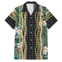 Hawaiian Art Flower Tribal with Lei Family Matching Off The Shoulder Long Sleeve Dress and Hawaiian Shirt Palaka Pattern Black Color - Polynesian Pride
