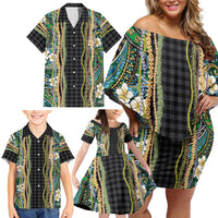 Hawaiian Art Flower Tribal with Lei Family Matching Off Shoulder Short Dress and Hawaiian Shirt Palaka Pattern Black Color - Polynesian Pride