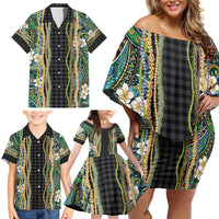 Hawaiian Art Flower Tribal with Lei Family Matching Off Shoulder Short Dress and Hawaiian Shirt Palaka Pattern Black Color - Polynesian Pride