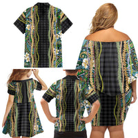 Hawaiian Art Flower Tribal with Lei Family Matching Off Shoulder Short Dress and Hawaiian Shirt Palaka Pattern Black Color - Polynesian Pride