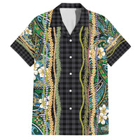 Hawaiian Art Flower Tribal with Lei Family Matching Off Shoulder Short Dress and Hawaiian Shirt Palaka Pattern Black Color - Polynesian Pride
