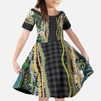 Hawaiian Art Flower Tribal with Lei Family Matching Short Sleeve Bodycon Dress and Hawaiian Shirt Palaka Pattern Black Color - Polynesian Pride