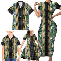 Hawaiian Art Flower Tribal with Lei Family Matching Short Sleeve Bodycon Dress and Hawaiian Shirt Palaka Pattern Black Color - Polynesian Pride