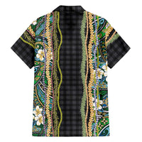 Hawaiian Art Flower Tribal with Lei Family Matching Short Sleeve Bodycon Dress and Hawaiian Shirt Palaka Pattern Black Color - Polynesian Pride