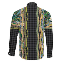 Hawaiian Art Flower Tribal with Lei Family Matching Short Sleeve Bodycon Dress and Hawaiian Shirt Palaka Pattern Black Color - Polynesian Pride