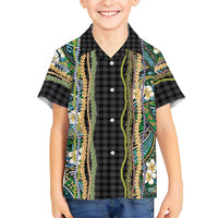 Hawaiian Art Flower Tribal with Lei Family Matching Short Sleeve Bodycon Dress and Hawaiian Shirt Palaka Pattern Black Color - Polynesian Pride