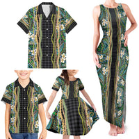 Hawaiian Art Flower Tribal with Lei Family Matching Tank Maxi Dress and Hawaiian Shirt Palaka Pattern Black Color - Polynesian Pride