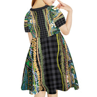 Hawaiian Art Flower Tribal with Lei Kid Short Sleeve Dress Palaka Pattern Black Color LT03 - Polynesian Pride