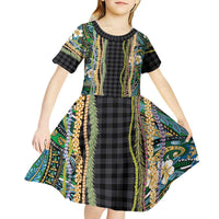 Hawaiian Art Flower Tribal with Lei Kid Short Sleeve Dress Palaka Pattern Black Color LT03 - Polynesian Pride