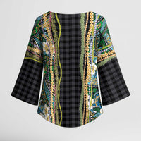 Hawaiian Art Flower Tribal with Lei Kimono Sleeve Blouse Palaka Pattern Black Color LT03 - Polynesian Pride
