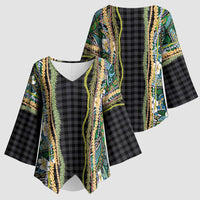 Hawaiian Art Flower Tribal with Lei Kimono Sleeve Blouse Palaka Pattern Black Color LT03 - Polynesian Pride
