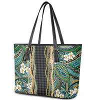 Hawaiian Art Flower Tribal with Lei Leather Tote Bag Palaka Pattern Black Color - Polynesian Pride