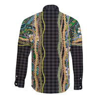 Hawaiian Art Flower Tribal with Lei Long Sleeve Button Shirt Palaka Pattern Black Color LT03 - Polynesian Pride