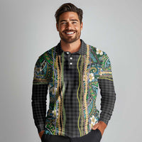 Hawaiian Art Flower Tribal with Lei Long Sleeve Polo Shirt Palaka Pattern Black Color LT03 - Polynesian Pride