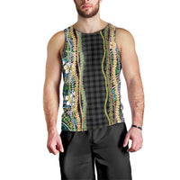 Hawaiian Art Flower Tribal with Lei Men Tank Top Palaka Pattern Black Color LT03 - Polynesian Pride