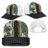 Hawaiian Art Flower Tribal with Lei Mesh Trucker Cap Palaka Pattern Black Color - Polynesian Pride