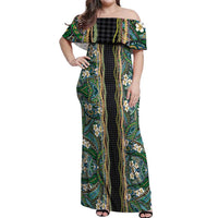 Hawaiian Art Flower Tribal with Lei Off Shoulder Maxi Dress Palaka Pattern Black Color LT03 Women Black - Polynesian Pride