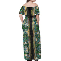 Hawaiian Art Flower Tribal with Lei Off Shoulder Maxi Dress Palaka Pattern Black Color LT03 - Polynesian Pride