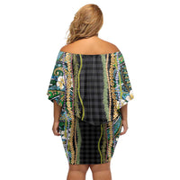 Hawaiian Art Flower Tribal with Lei Off Shoulder Short Dress Palaka Pattern Black Color LT03 - Polynesian Pride