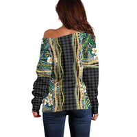 Hawaiian Art Flower Tribal with Lei Off Shoulder Sweater Palaka Pattern Black Color - Polynesian Pride