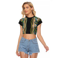 Hawaiian Art Flower Tribal with Lei Raglan Cropped T Shirt Palaka Pattern Black Color LT03 Female Black - Polynesian Pride