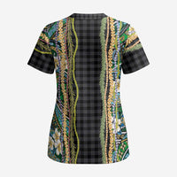 Hawaiian Art Flower Tribal with Lei Scrub Top Palaka Pattern Black Color LT03 - Polynesian Pride