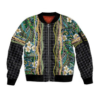 Hawaiian Art Flower Tribal with Lei Sleeve Zip Bomber Jacket Palaka Pattern Black Color - Polynesian Pride