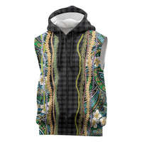Hawaiian Art Flower Tribal with Lei Sleeveless Zip Hoodie Palaka Pattern Black Color LT03 Black - Polynesian Pride